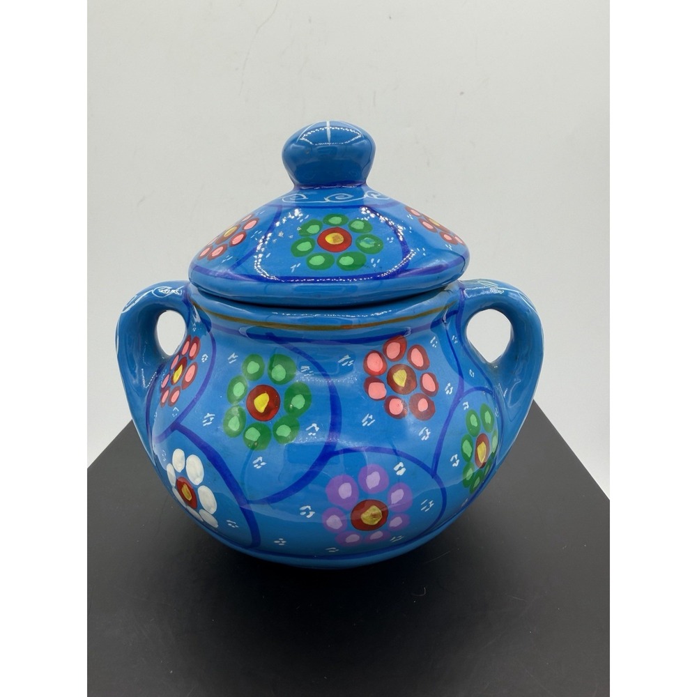 🌺 Talavera Mexican Hand-Painted Pottery Sugar Bowl w/ Lid 🏺 Colorful Art Piece